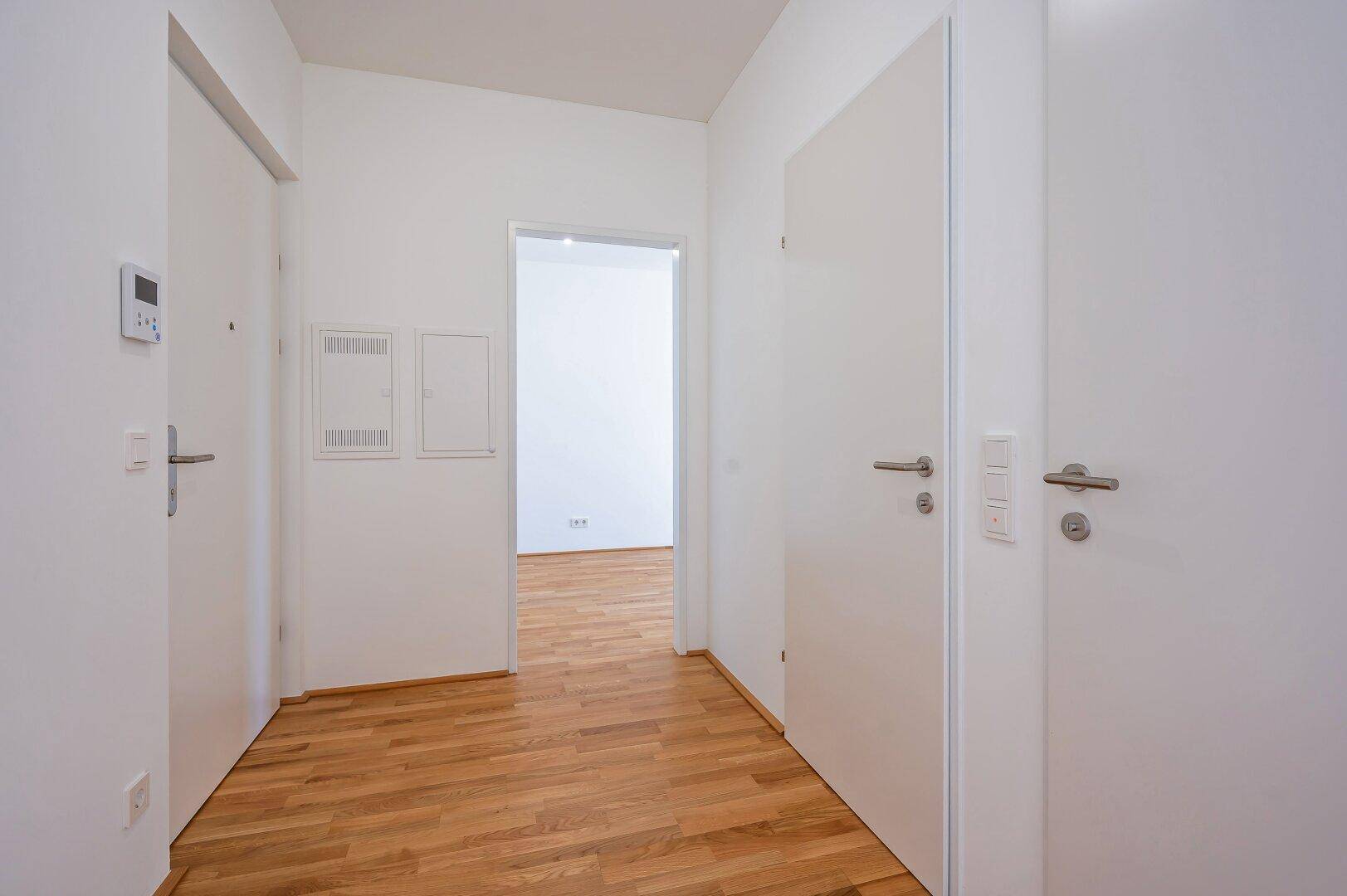 Moderner Eingangsbereich mit Holzboden und weißen Türen, inklusive Gegensprechanlage.
