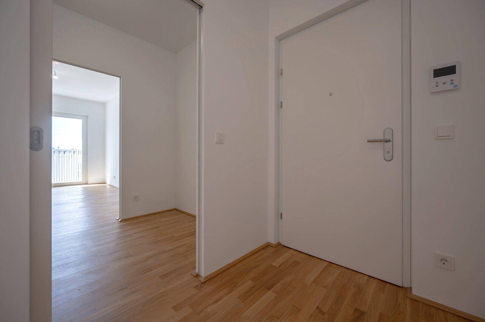 Heller Eingangsbereich mit Parkettboden und weißer Tür, der zu den Wohnräumen führt.