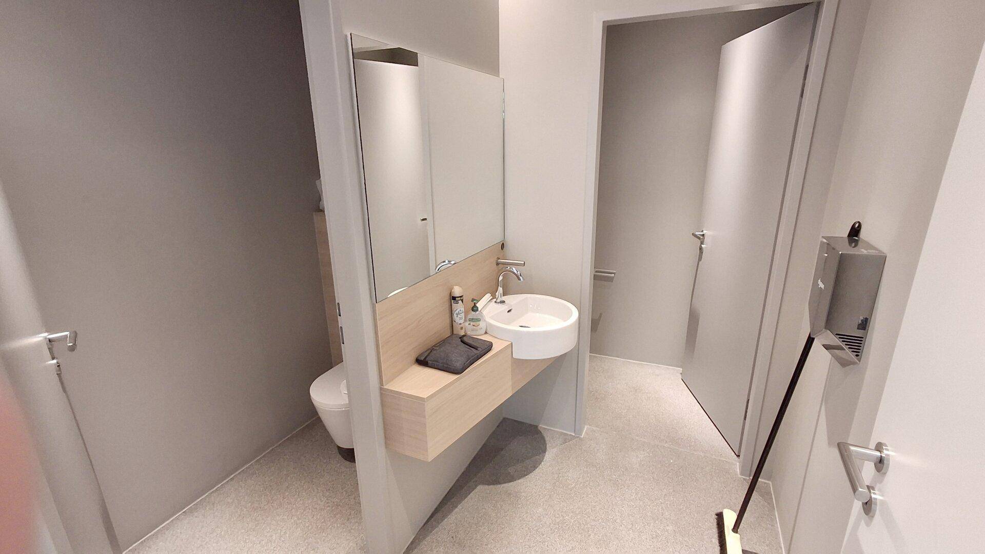 Modernes Gäste-WC mit wandhängender Toilette, kleinem Waschbecken und Spiegel, in Grau- und Holztönen.