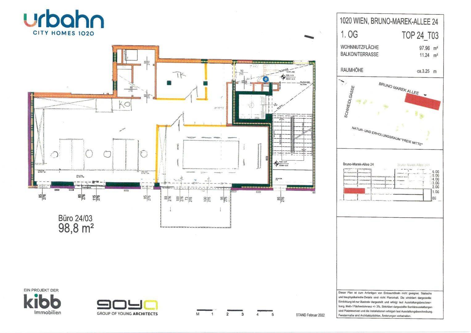 Grundriss eines Büros mit Möblierungsvorschlägen, 98,8 m² Wohnfläche und Balkonterrasse.