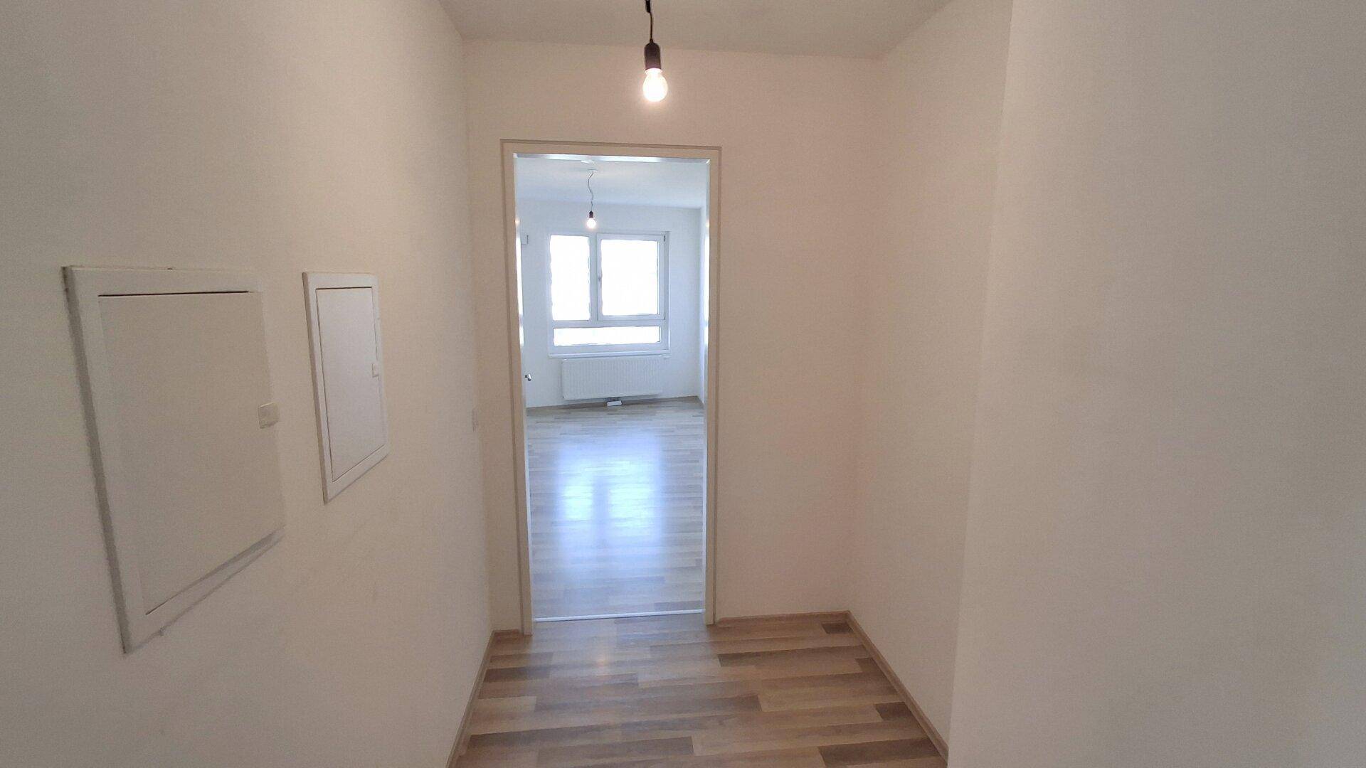 Langer, heller Flur mit Laminatboden, der zu einem weiteren Zimmer führt und viel Licht bietet.