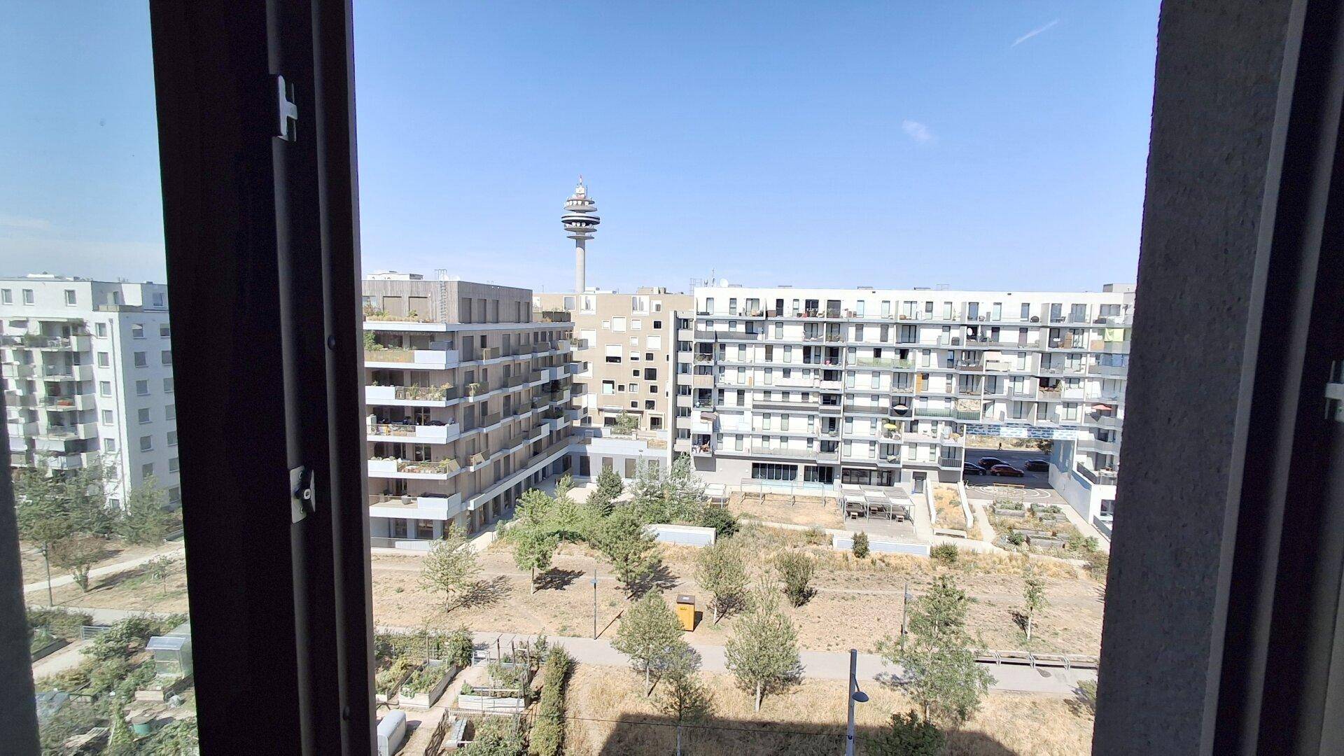 Blick aus dem Fenster auf moderne Wohngebäude und den Donauturm unter klarem Himmel.