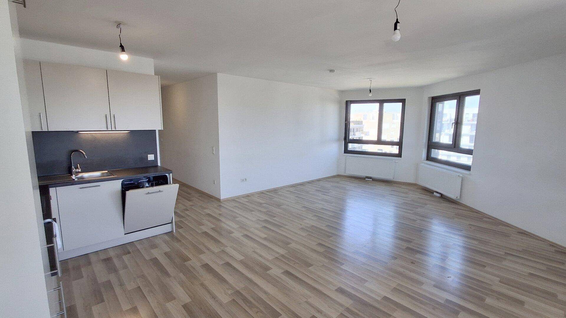 Geräumiger offener Wohnbereich mit integrierter Küche, Laminatboden und mehreren Fenstern.
