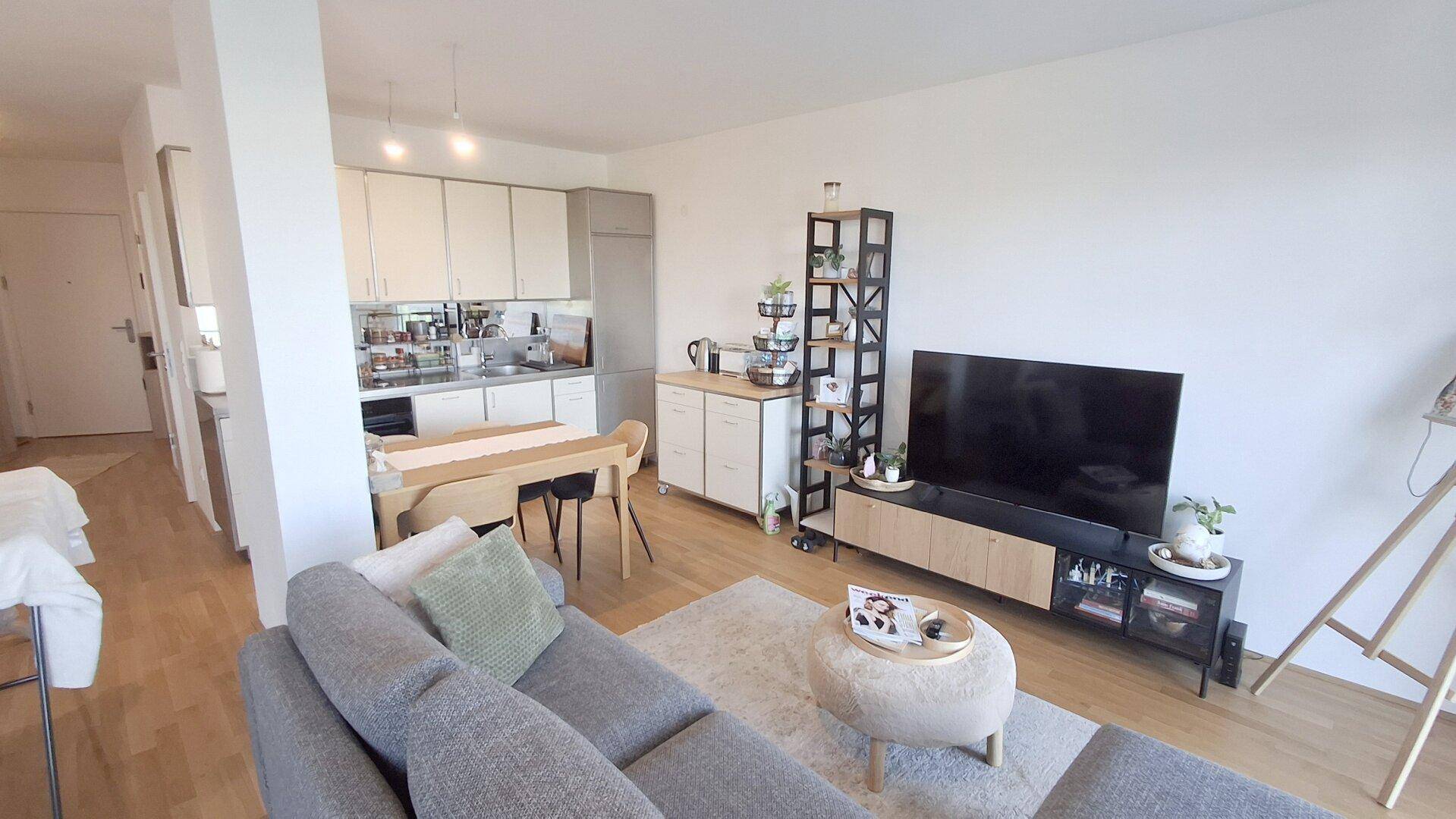 Offener Wohn- und Essbereich mit integrierter Küche, Holzboden und modernem Sofa.
