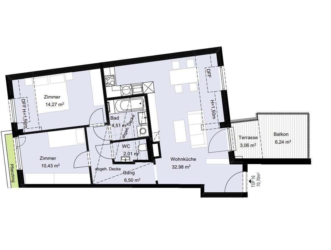Übersichtlicher Grundriss einer Wohnung mit Wohnküche, Schlafzimmern und Balkon.