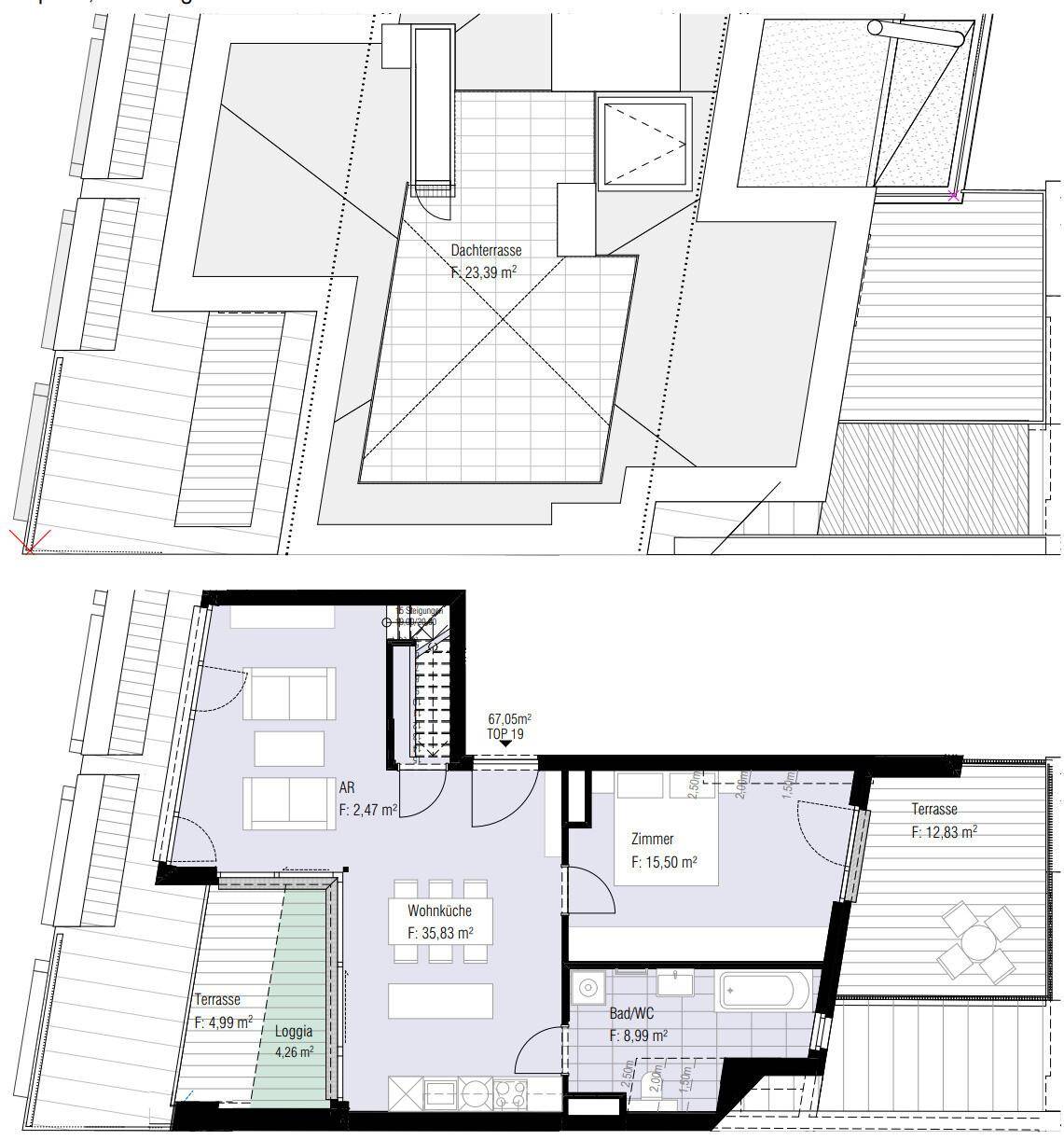 Detaillierter Grundriss einer Maisonette-Wohnung mit Dachterrasse, Loggia und mehreren Zimmern.