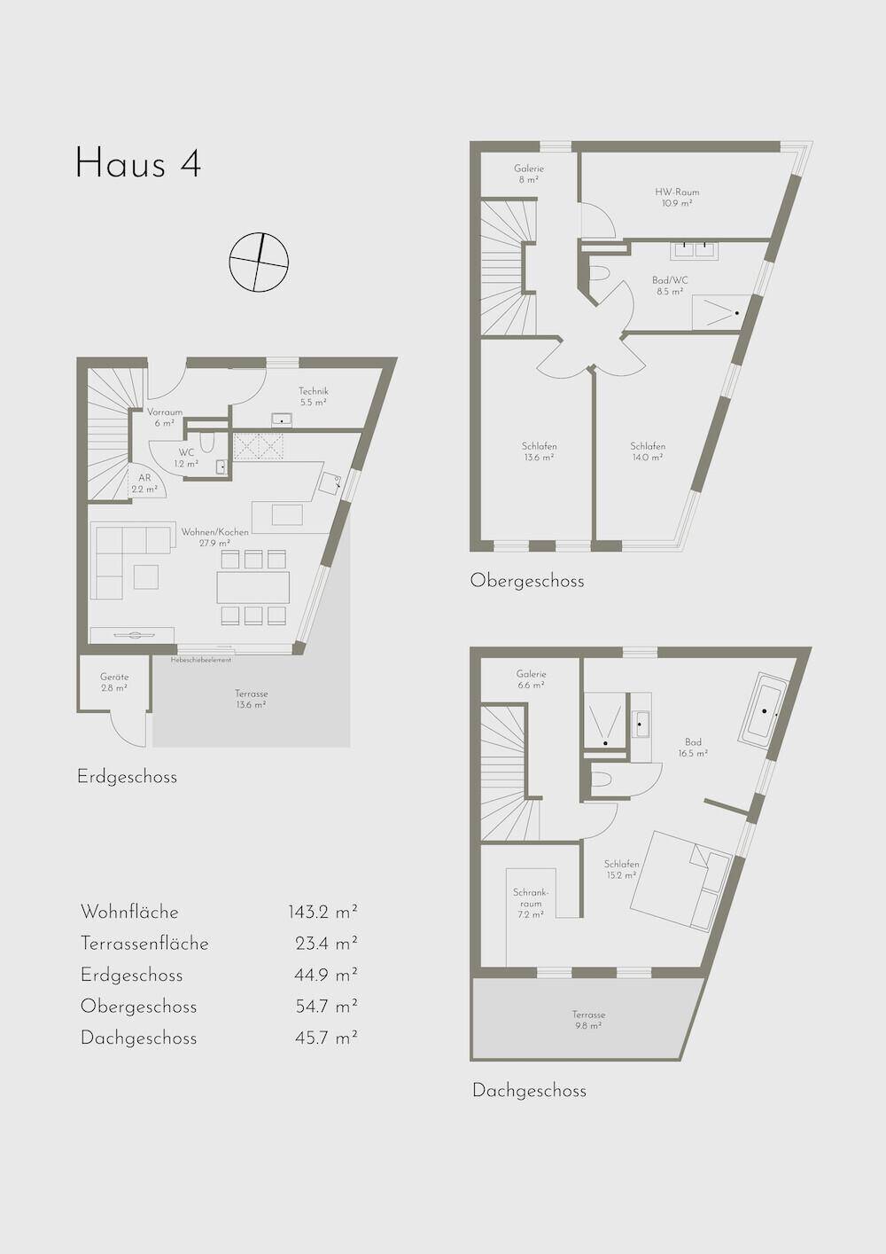 Detaillierter Grundriss von Haus 4 mit Erdgeschoss, Obergeschoss und Dachgeschoss.