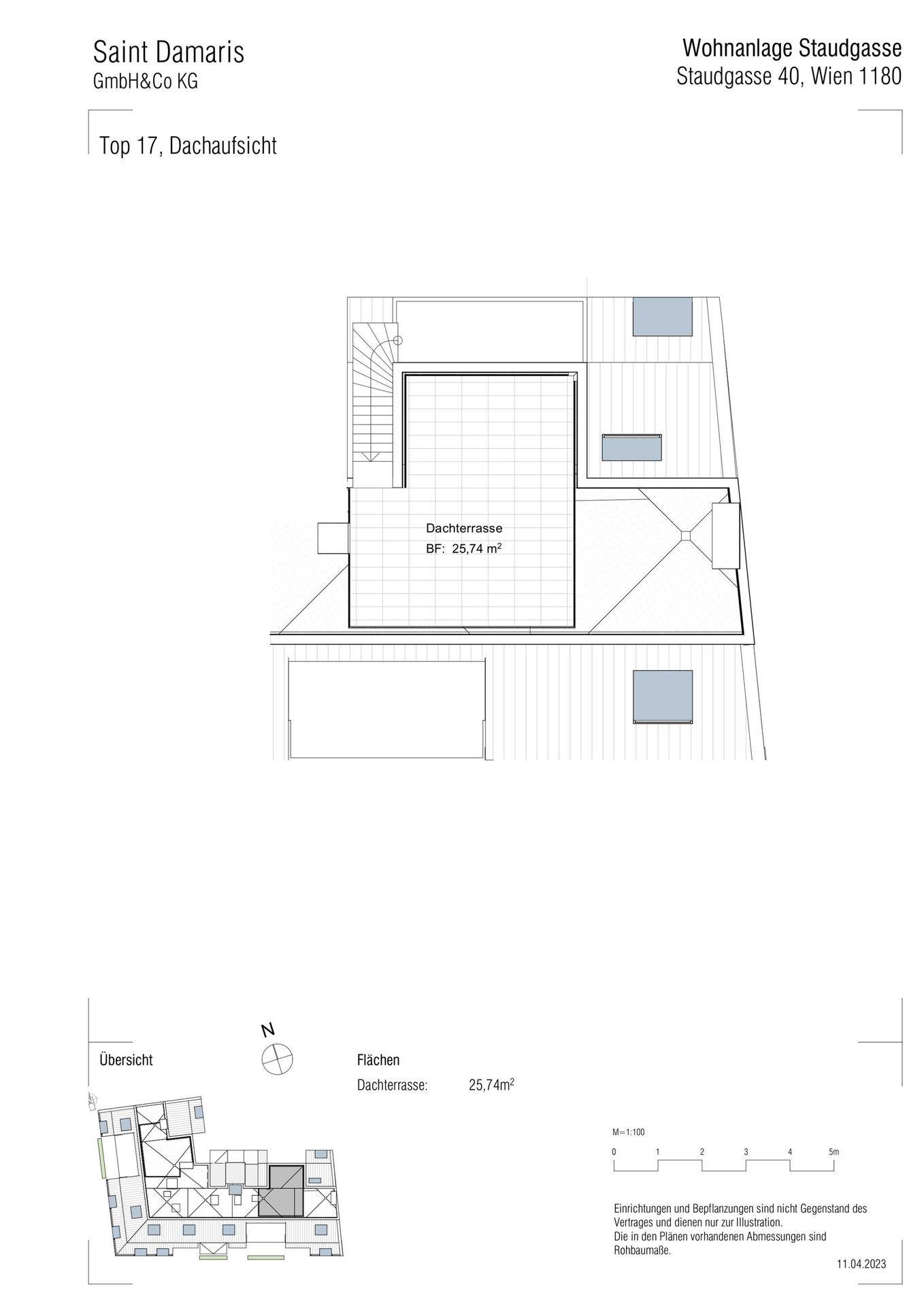 Übersicht des Dachterrassen-Grundrisses mit Flächenangabe und Gesamtübersicht.