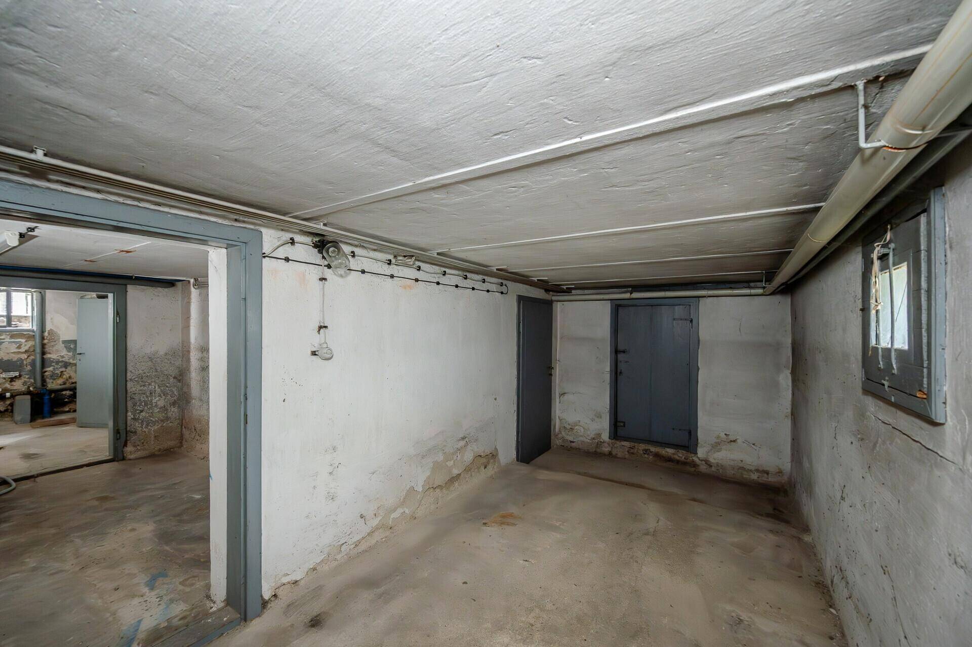Geräumiger Kellerraum mit mehreren Türen und kleinem Fenster, vielseitig nutzbar.