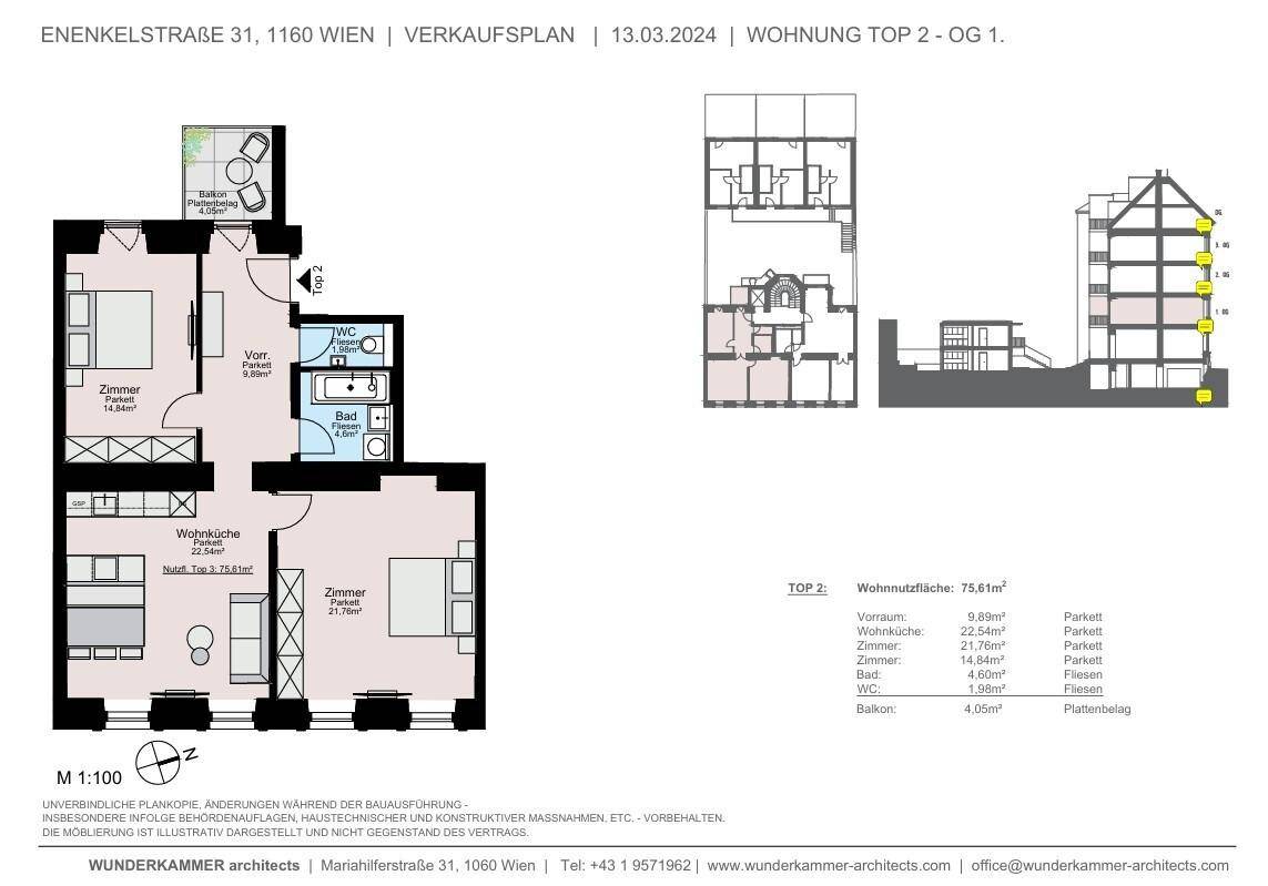 Detaillierter Grundriss der Wohnung Top 2 mit Wohnküche, zwei Zimmern, Bad und Balkon.