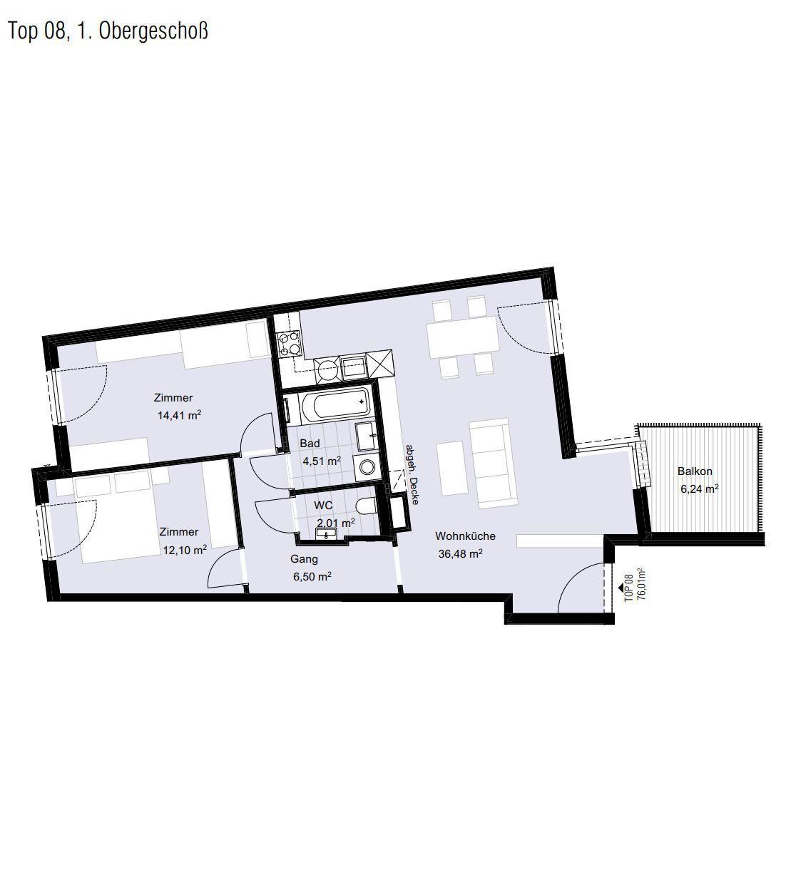 Grundriss der Wohnung Top 08 im ersten Obergeschoss mit zwei Zimmern, Wohnküche und Balkon.