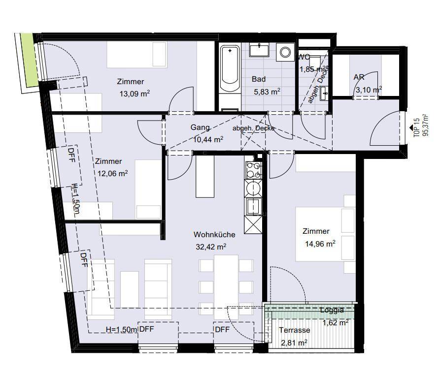 Grundriss einer Wohnung mit drei Zimmern, Wohnküche, Bad, Loggia und Terrasse.