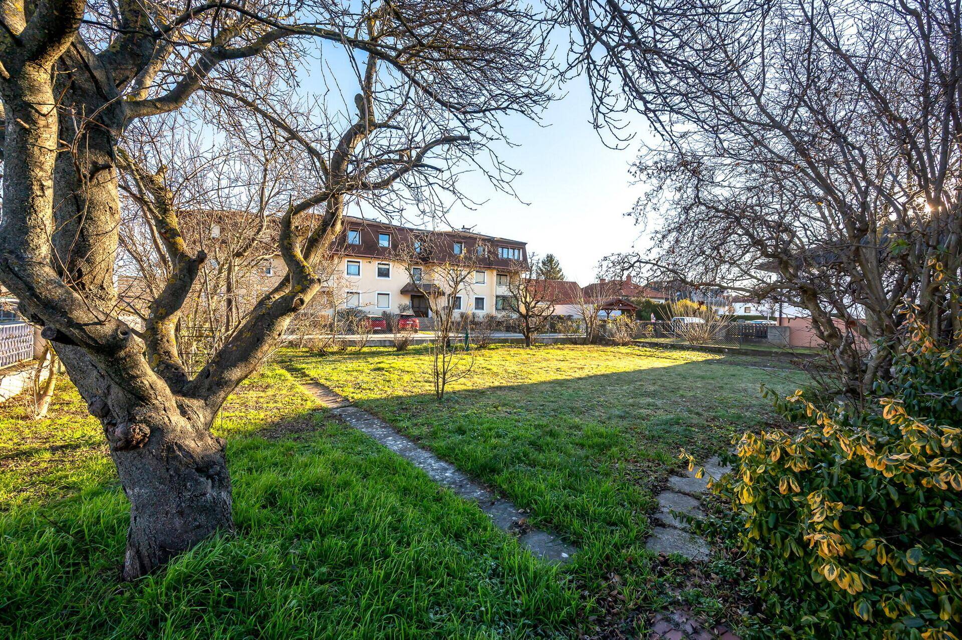 Weitläufiger Garten mit Rasenfläche und Bäumen, im Hintergrund weitere Wohnhäuser sichtbar.