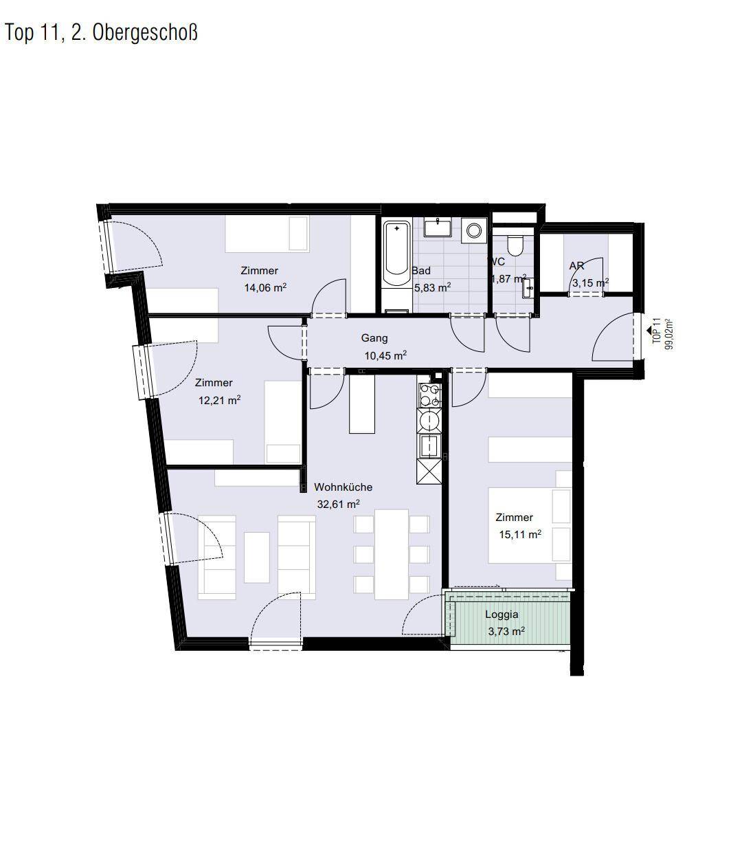 Grundriss der Wohnung Top 11 im zweiten Obergeschoss mit Loggia.