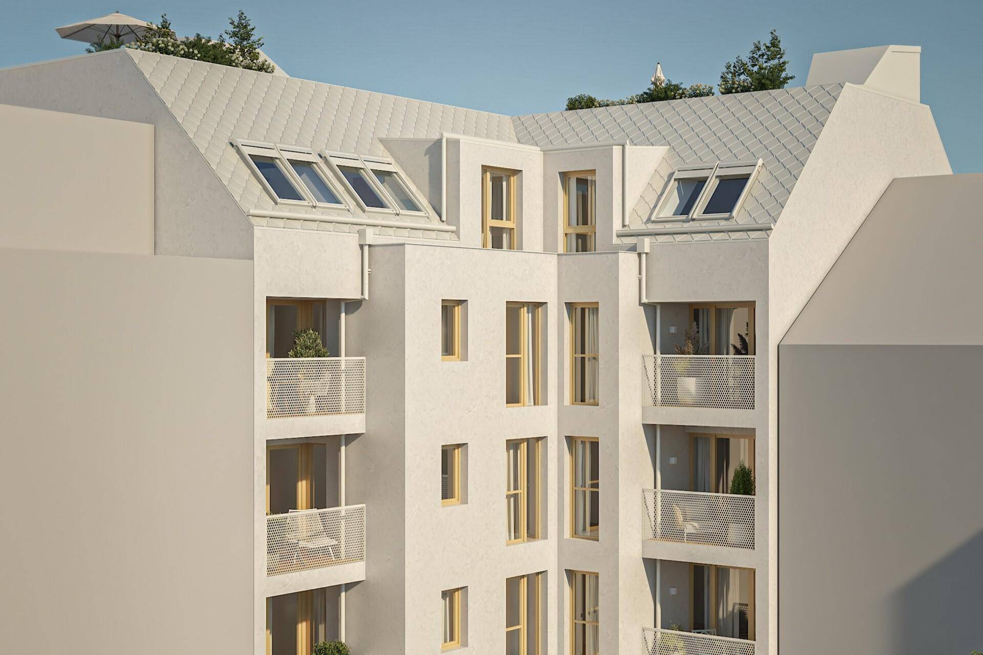 Architektonische Visualisierung eines modernen Gebäudes mit Balkonen und Mansarddach.
