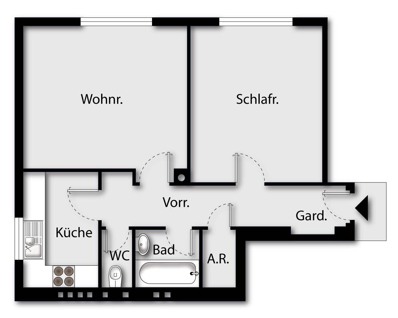 Grundriss einer Wohnung mit Wohnzimmer, Schlafzimmer, Küche, Bad und WC.