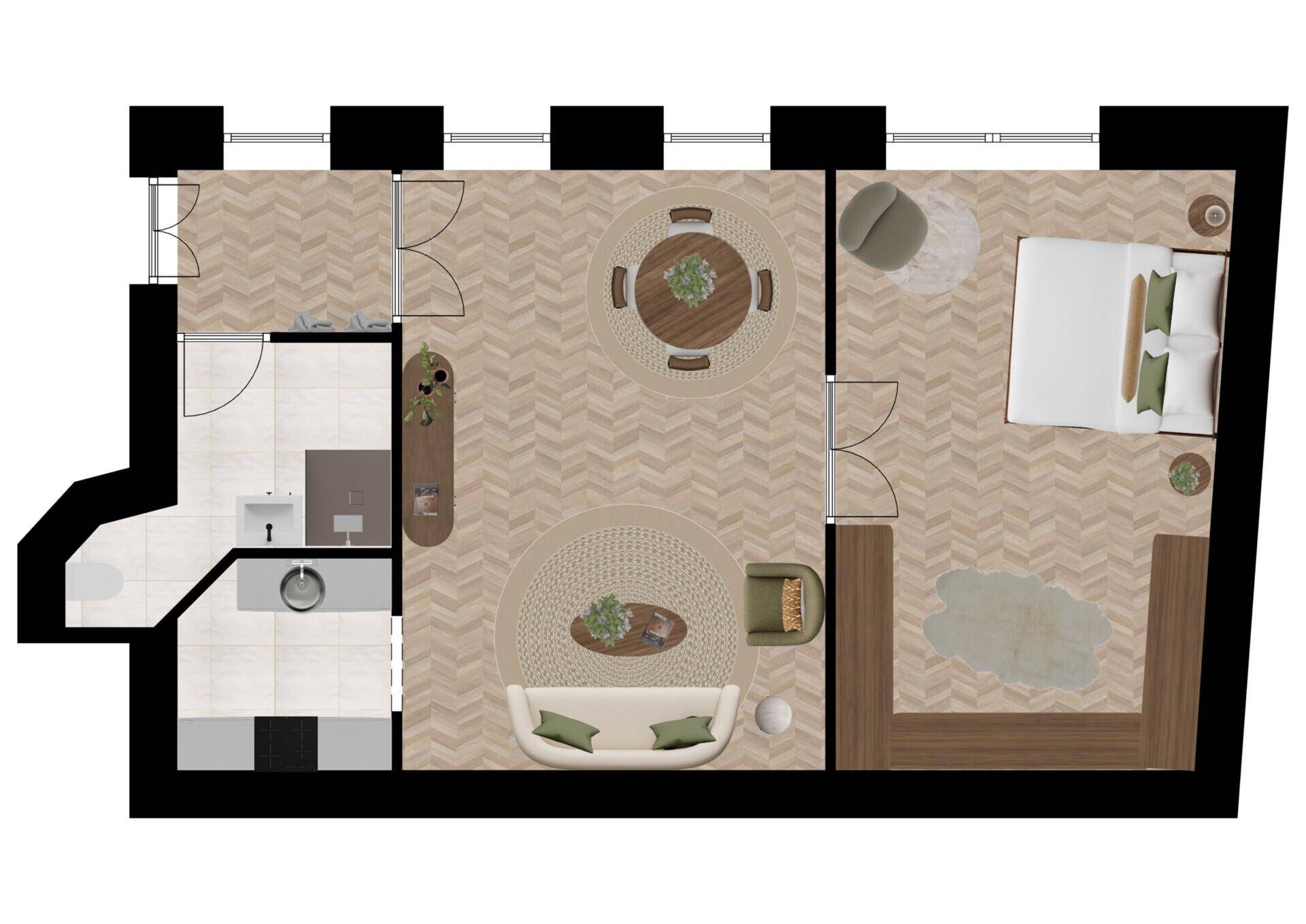 Visualisierter Grundriss einer Wohnung mit Wohn-, Ess- und Schlafbereich.