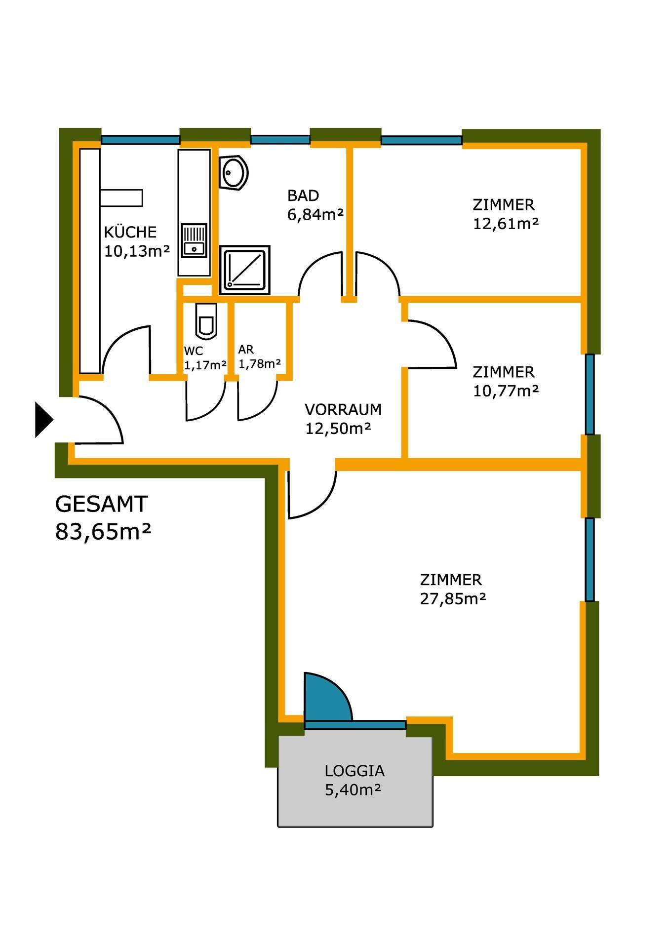 Grundriss einer Wohnung mit drei Zimmern, separater Küche, Bad, Gäste-WC und einer Loggia.