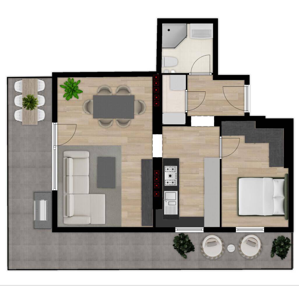 Detaillierter Grundriss der Wohnung mit offenem Wohnbereich, Schlafzimmer und Balkon.