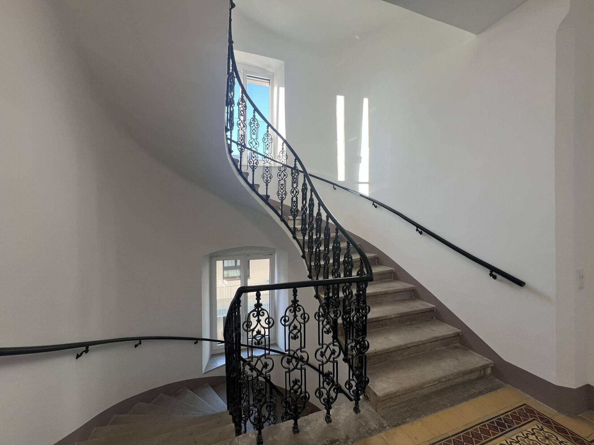 Elegantes Treppenhaus mit geschwungenem schmiedeeisernem Geländer und Steinstufen, hell durch Tageslicht.