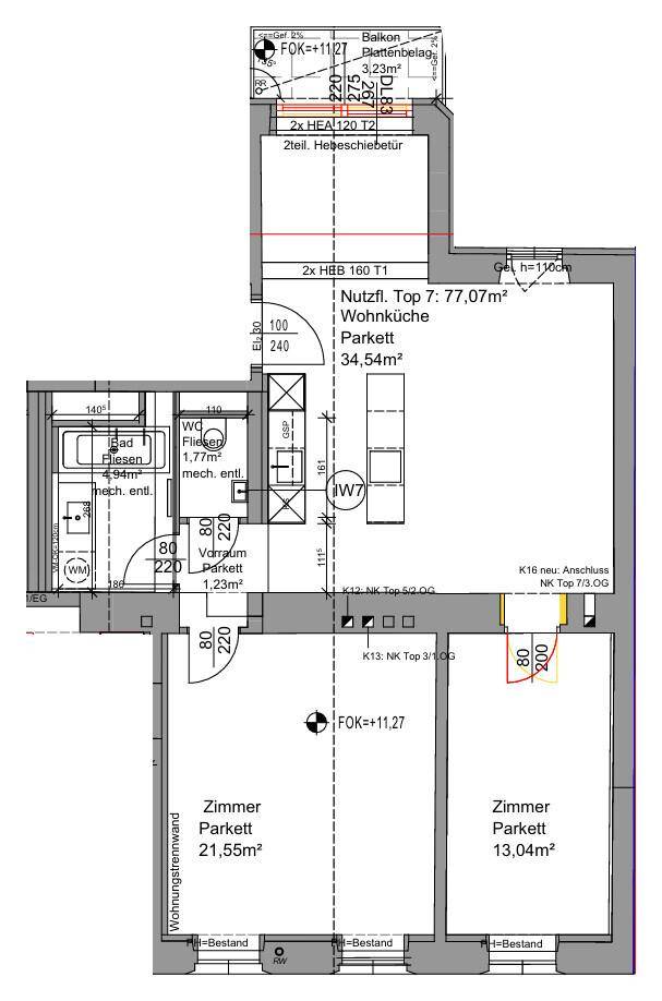 Grundriss einer Wohnung mit Wohnküche, zwei Zimmern, Bad und Balkon, Gesamtfläche 77,07m².