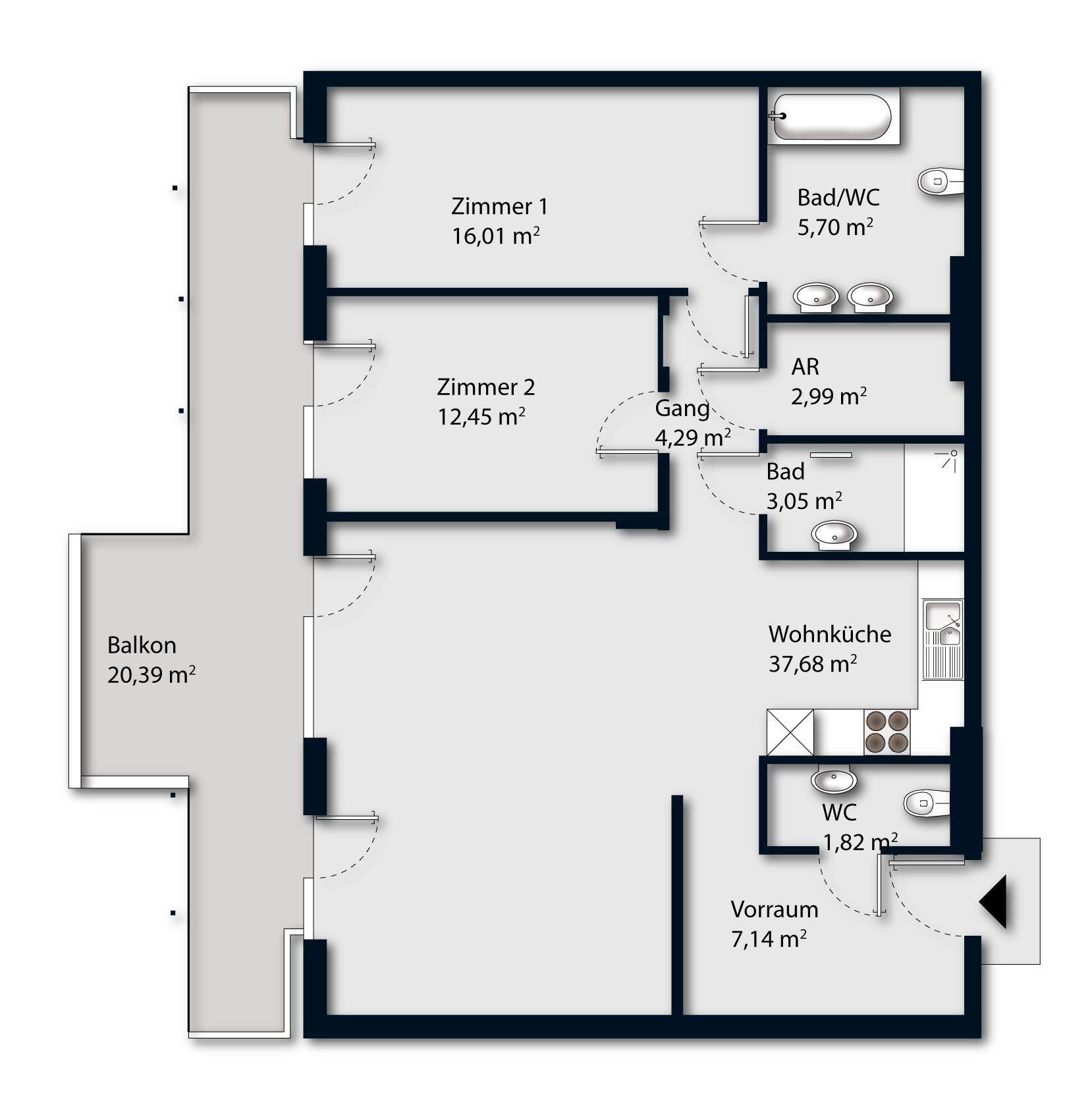 Grundriss einer Wohnung mit zwei Zimmern, offener Wohnküche, zwei Bädern und einem großen Balkon.