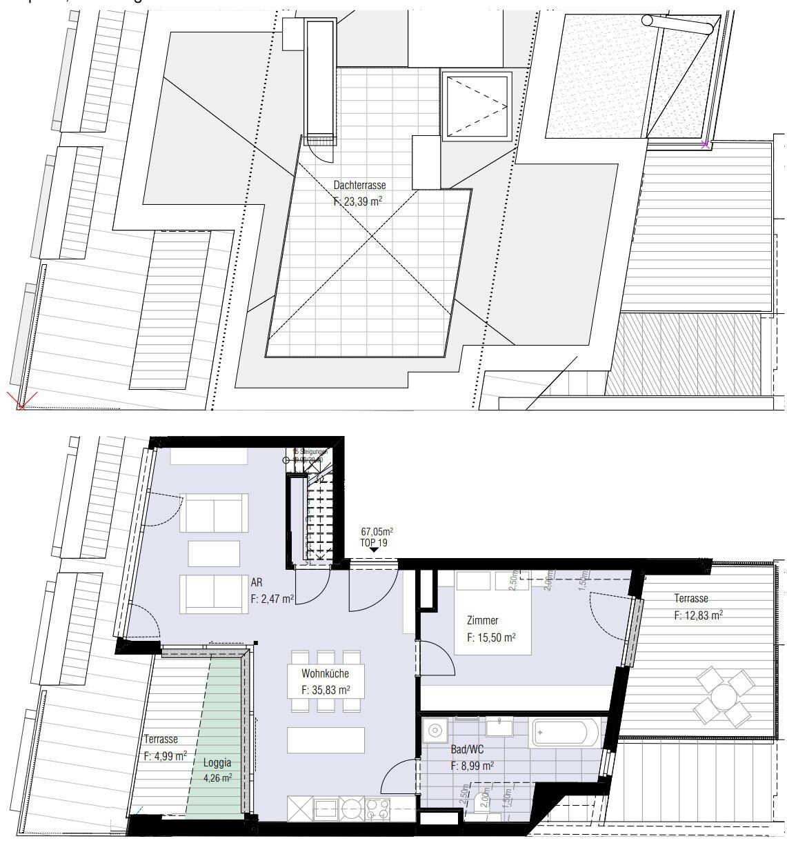 Grundriss einer Maisonette-Wohnung mit Wohnküche, Schlafzimmer, Bad, Loggia, Terrasse und Dachterrasse.