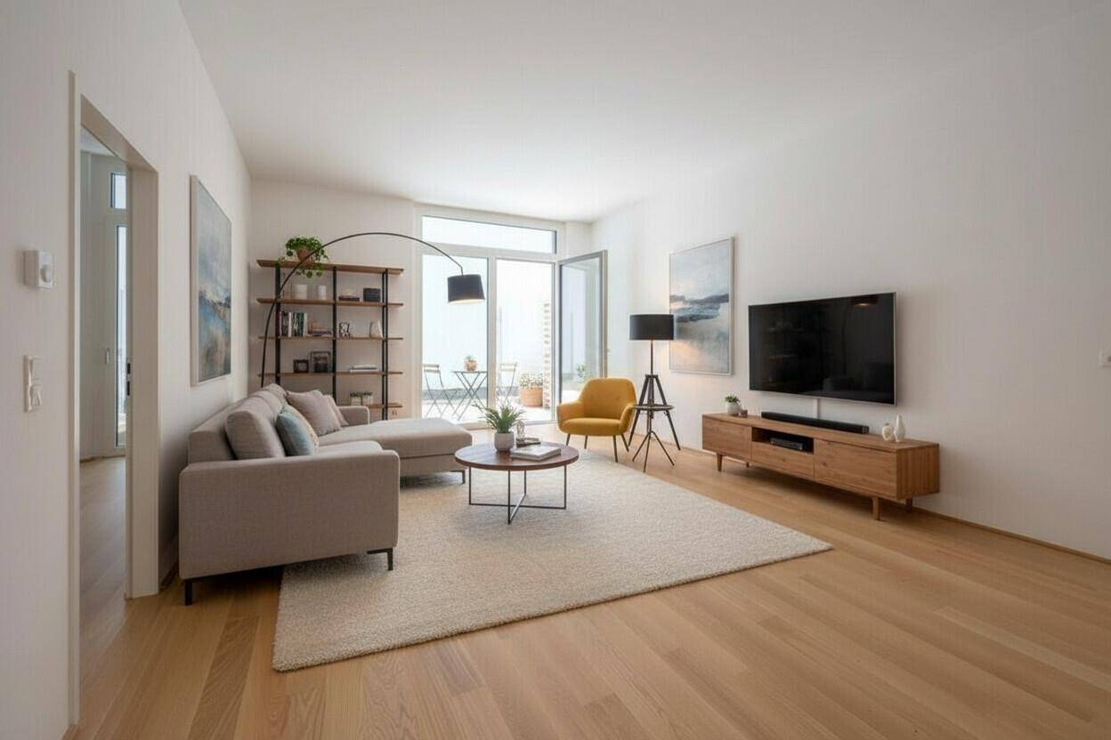 Modern eingerichtetes Wohnzimmer mit Holzboden und Zugang zur Terrasse.