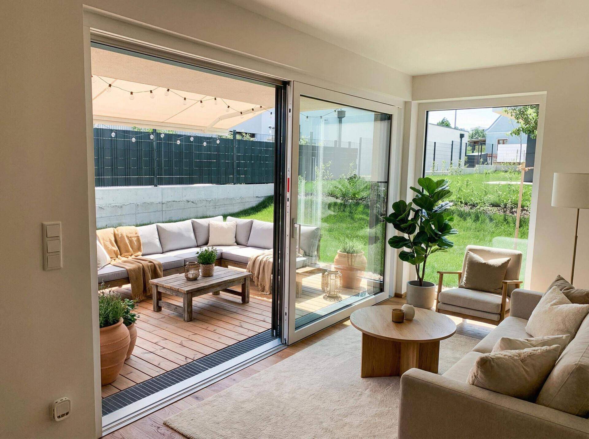 Lichtdurchflutetes Wohnzimmer mit gemütlicher Sitzecke und direktem Zugang zur Holzterrasse.