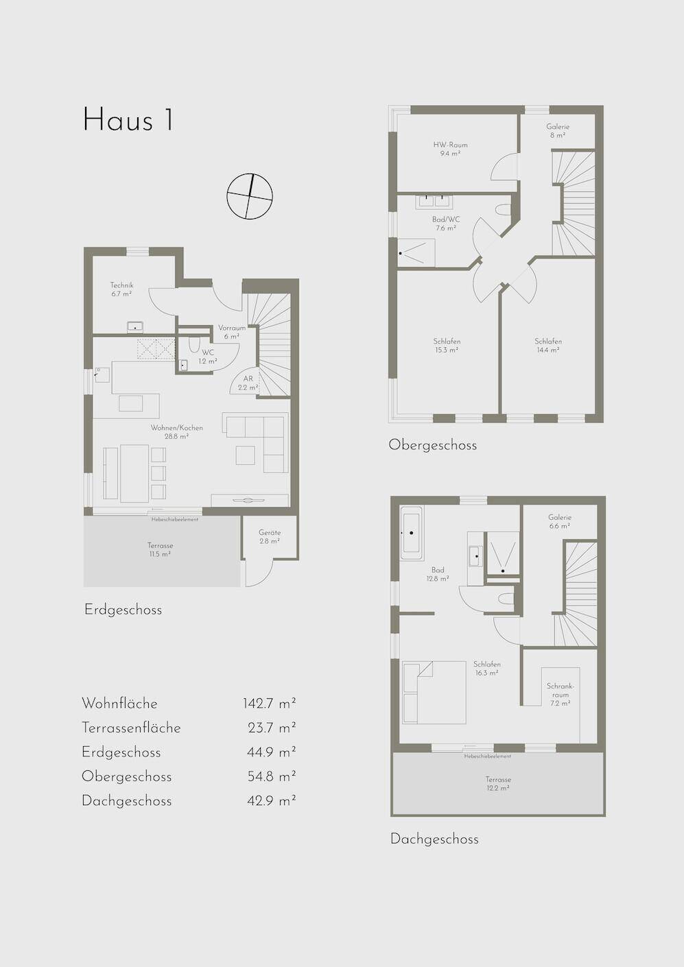 Detaillierter Grundriss von Haus 1 mit Erdgeschoss, Obergeschoss und Dachgeschoss.