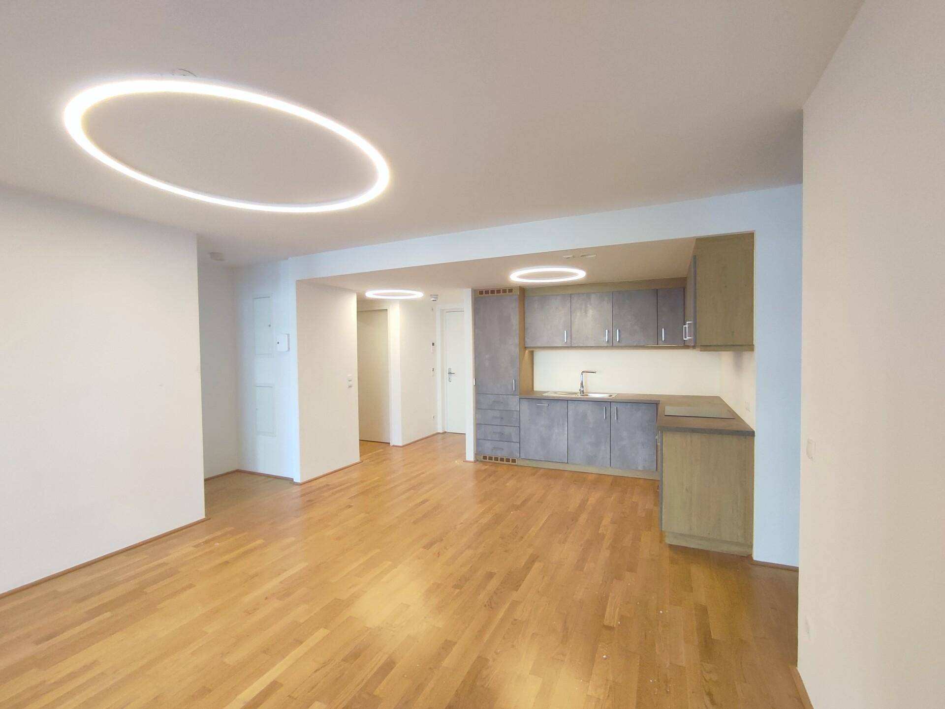 Moderner offener Wohnbereich mit integrierter Küche, Holzboden und stilvoller Deckenbeleuchtung.