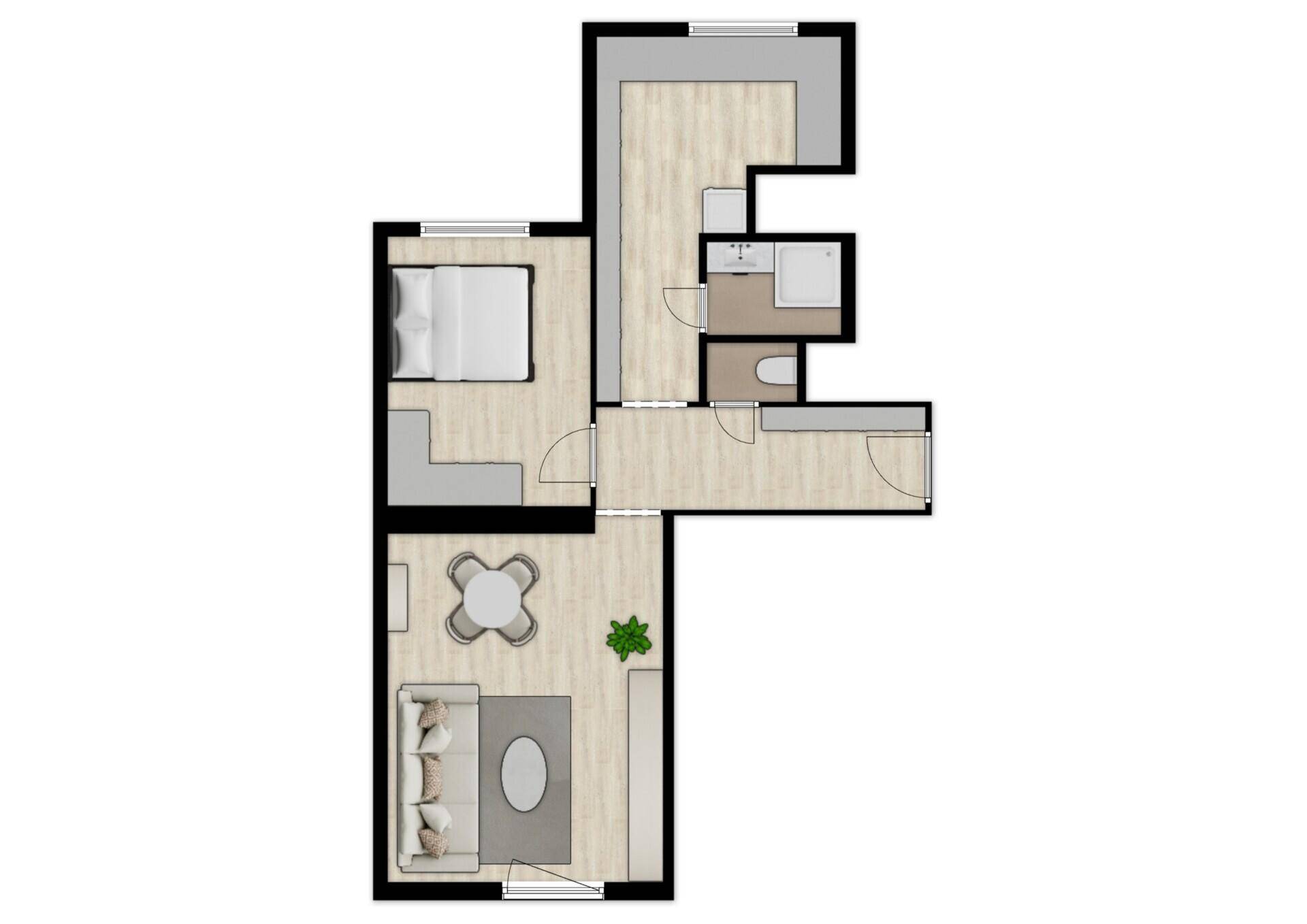 Grundriss einer Wohnung mit Wohnbereich, Schlafzimmer und Bad.
