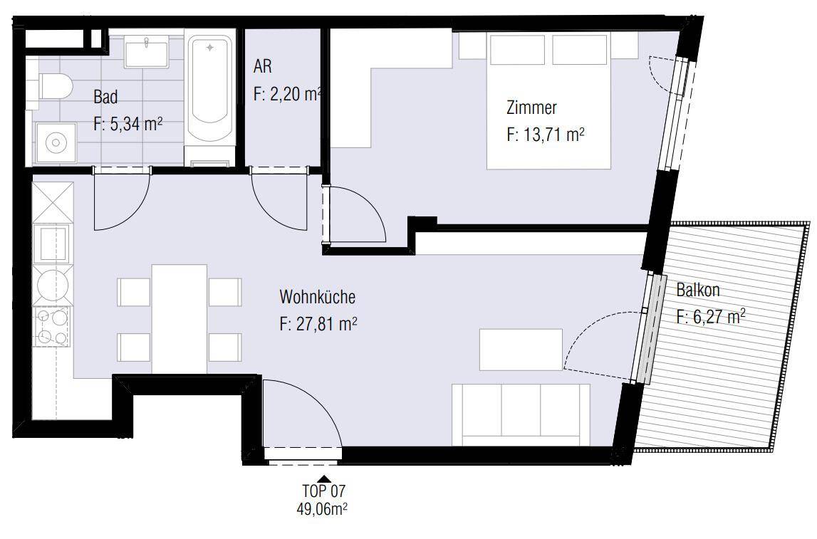 Grundriss einer Wohnung mit Wohnküche, Schlafzimmer, Bad und Balkon.