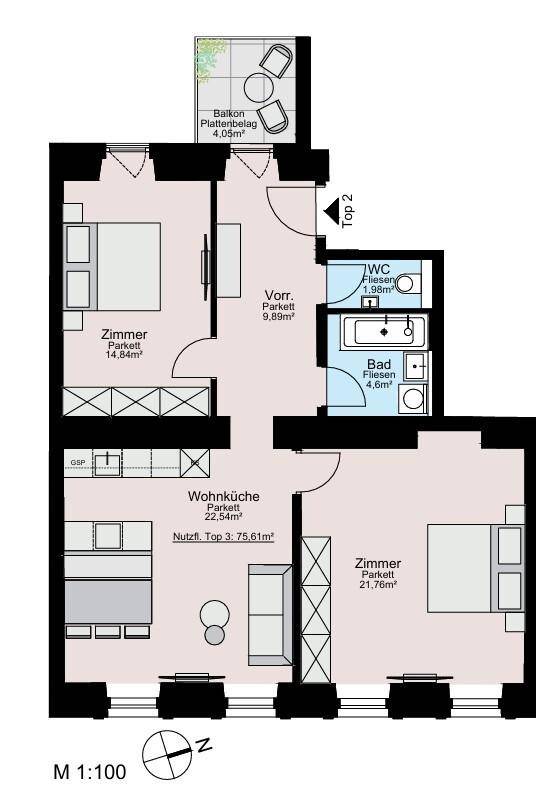 Übersichtlicher Grundriss der Wohnung mit offener Wohnküche, zwei Schlafzimmern und einem Balkon.