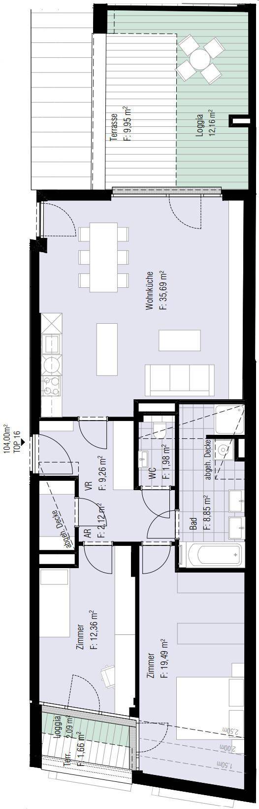 Grundriss einer langen Wohnung mit zwei Schlafzimmern, Wohnküche, Bad, WC, Terrasse und Loggia.