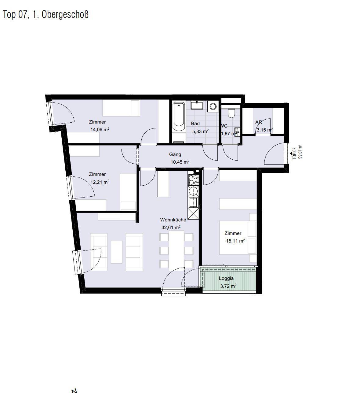 Grundriss einer Obergeschosswohnung mit drei Zimmern, Loggia und offener Wohnküche.