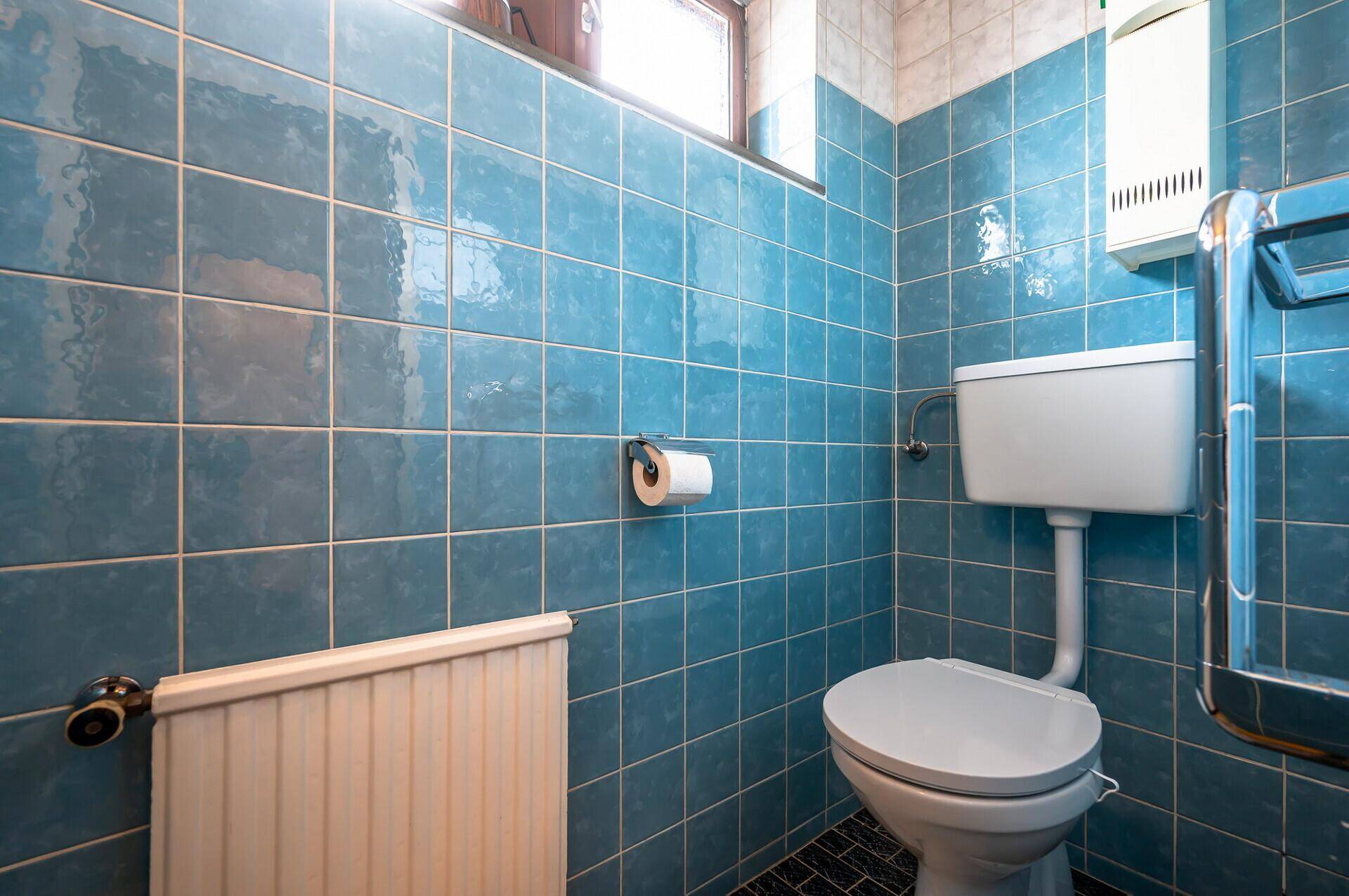 Kleines Gäste-WC mit blauen Fliesen, Toilette und Heizkörper.