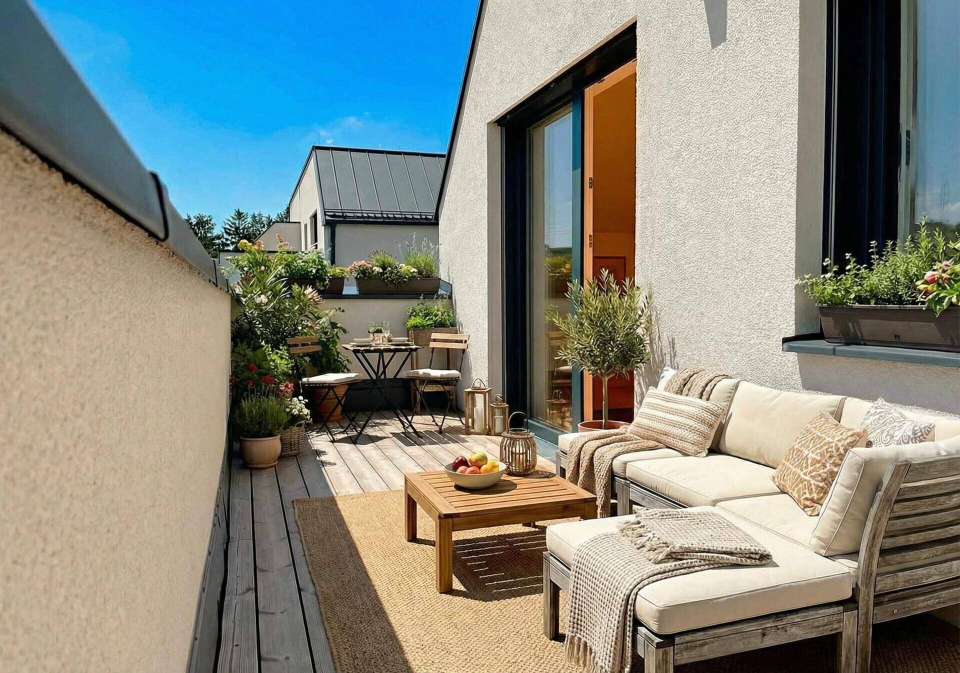 Gemütlicher Balkon mit Holzboden, Pflanzen und bequemen Gartenmöbeln für entspannte Stunden.