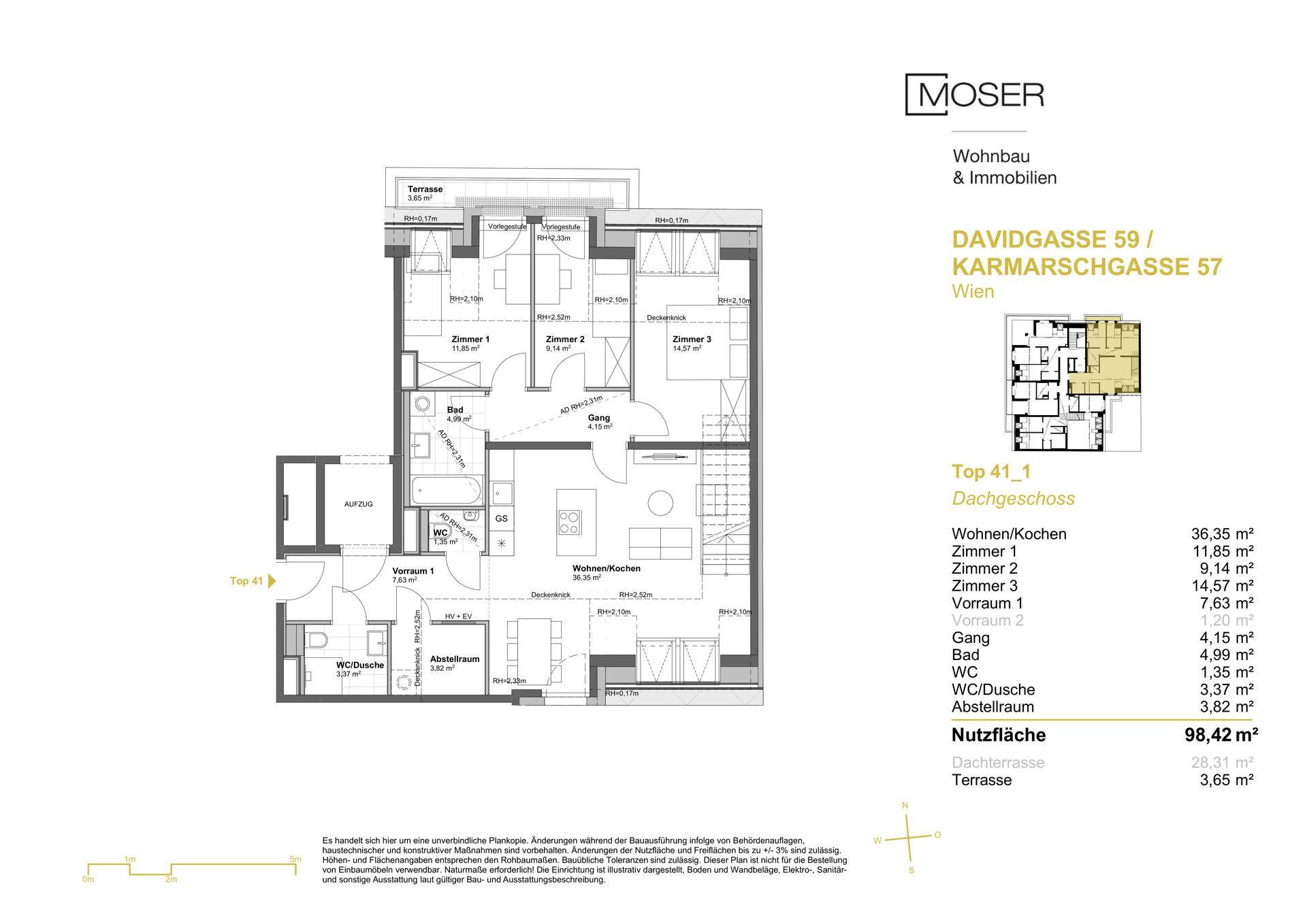 Detaillierter Grundriss des Dachgeschosses Top 41_1 mit mehreren Zimmern und Dachterrasse.