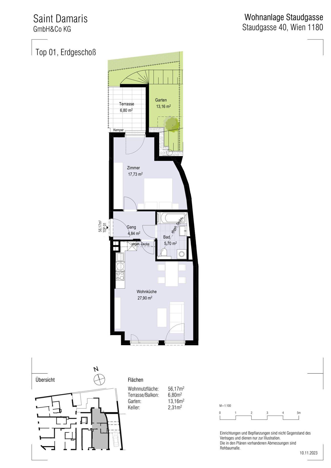 Grundriss einer Erdgeschosswohnung mit Terrasse, Garten und offenem Wohnbereich.