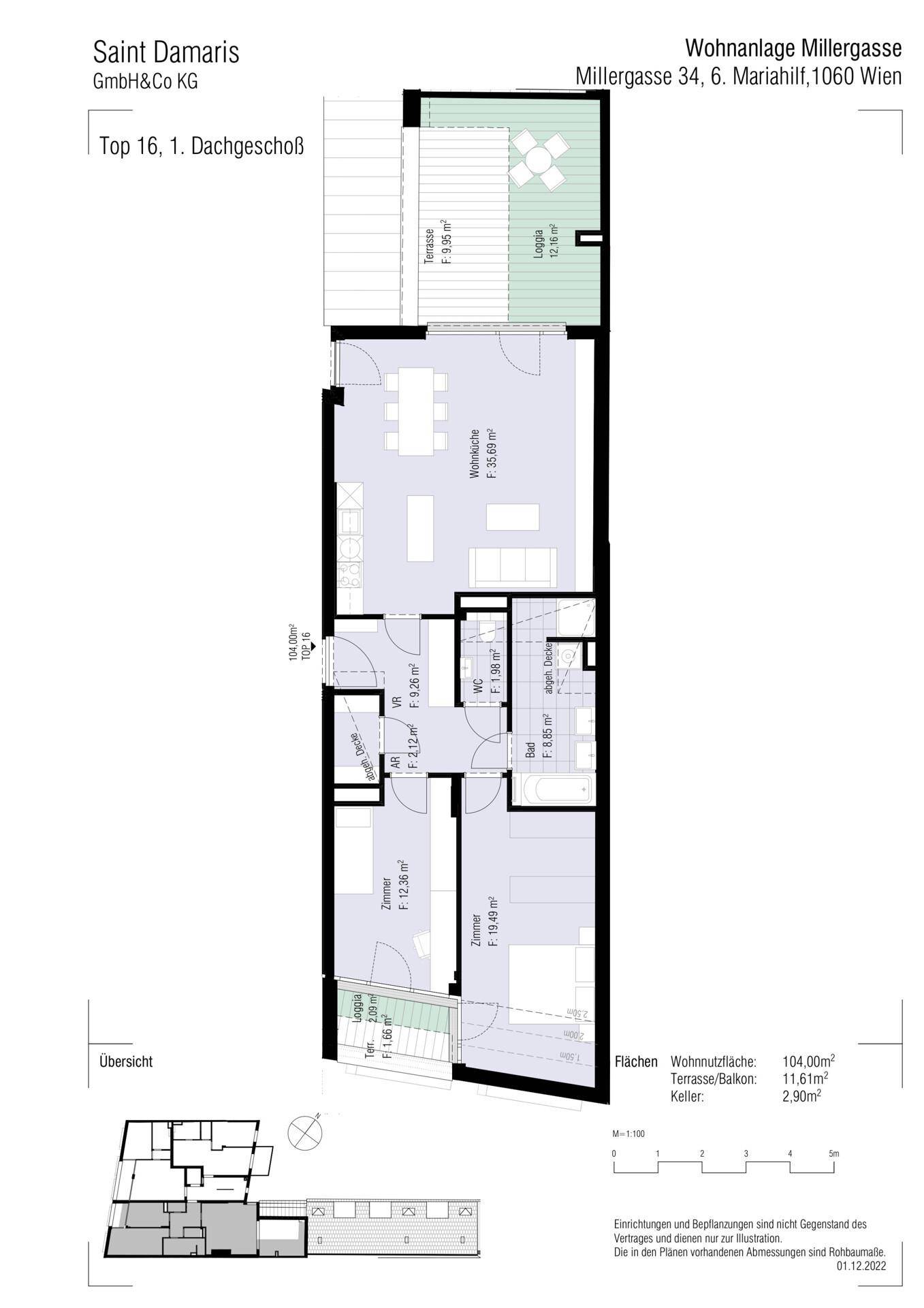Übersichtlicher Grundriss der Wohnung mit Flächenangaben und Lageplan des Gebäudes.