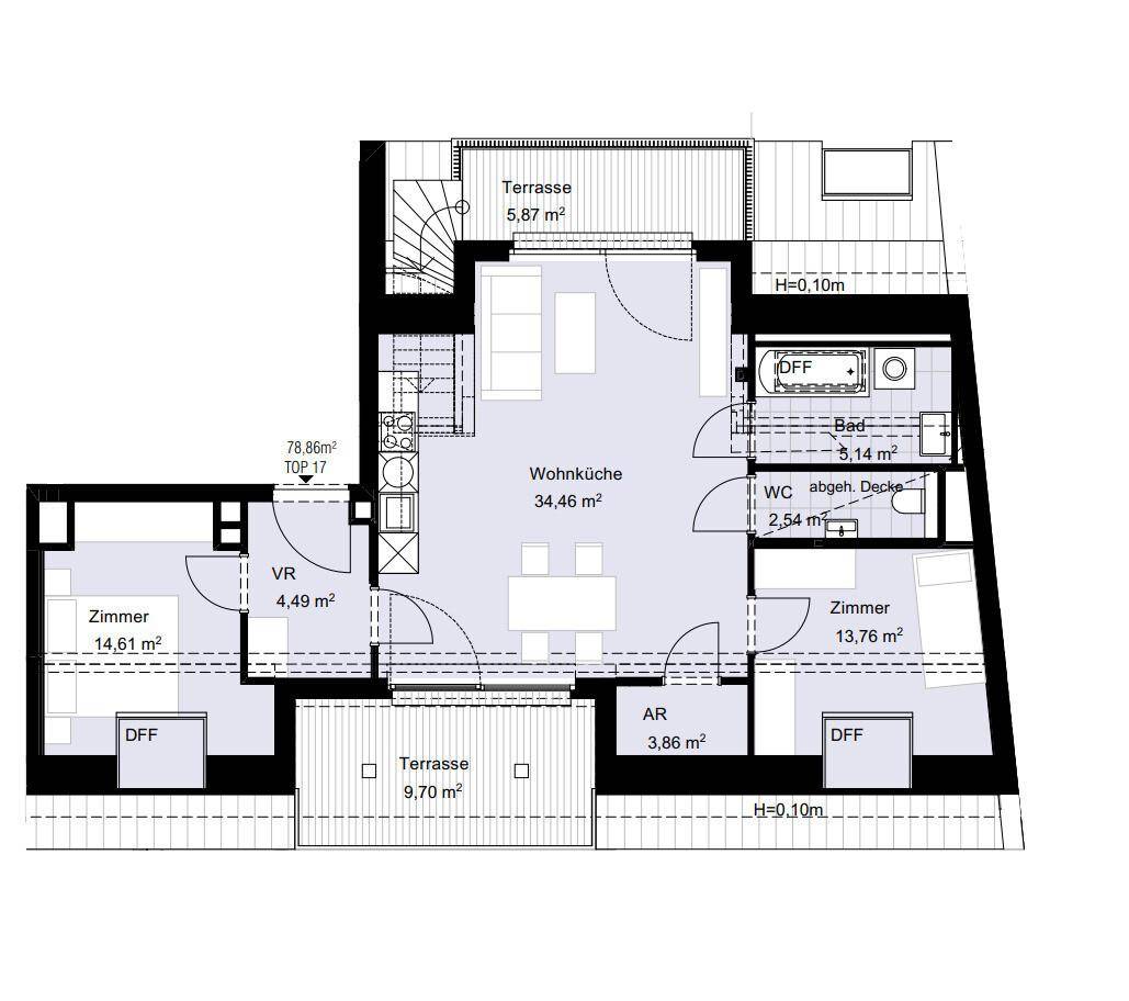 Grundriss der Wohnung Top 17 mit Wohnküche, zwei Zimmern und zwei Terrassen.