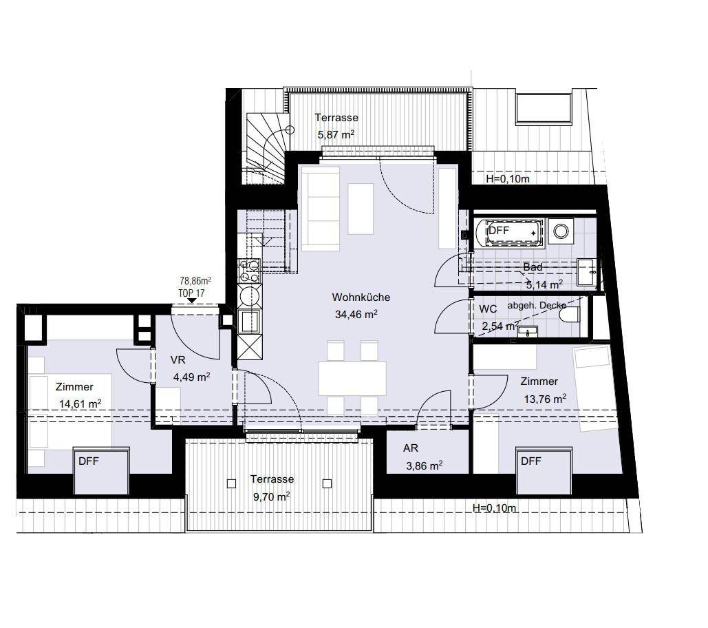 Grundriss der Wohnung Top 17 mit zwei Schlafzimmern, Wohnküche und zwei Terrassen.