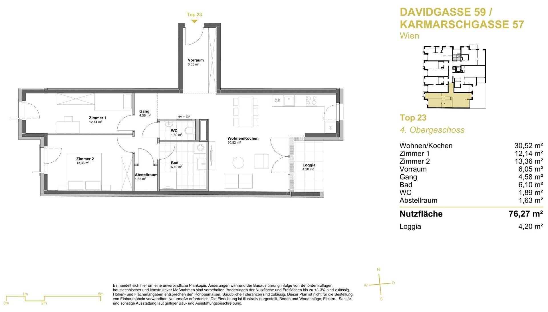 Grundriss der Wohnung Top 23 im 4. Obergeschoss mit Loggia und offenem Wohnbereich.