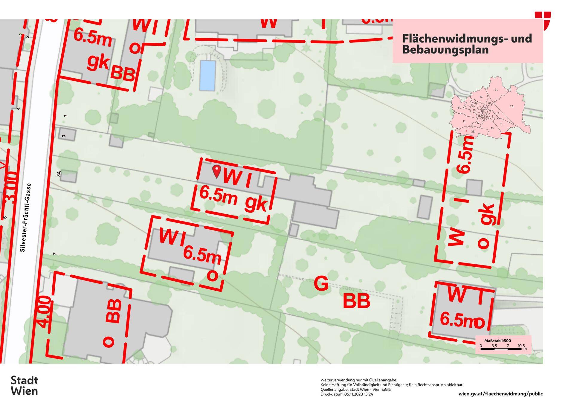 Übersichtlicher Flächenwidmungs- und Bebauungsplan der Stadt Wien mit eingezeichneten Parzellen und Höhenangaben.