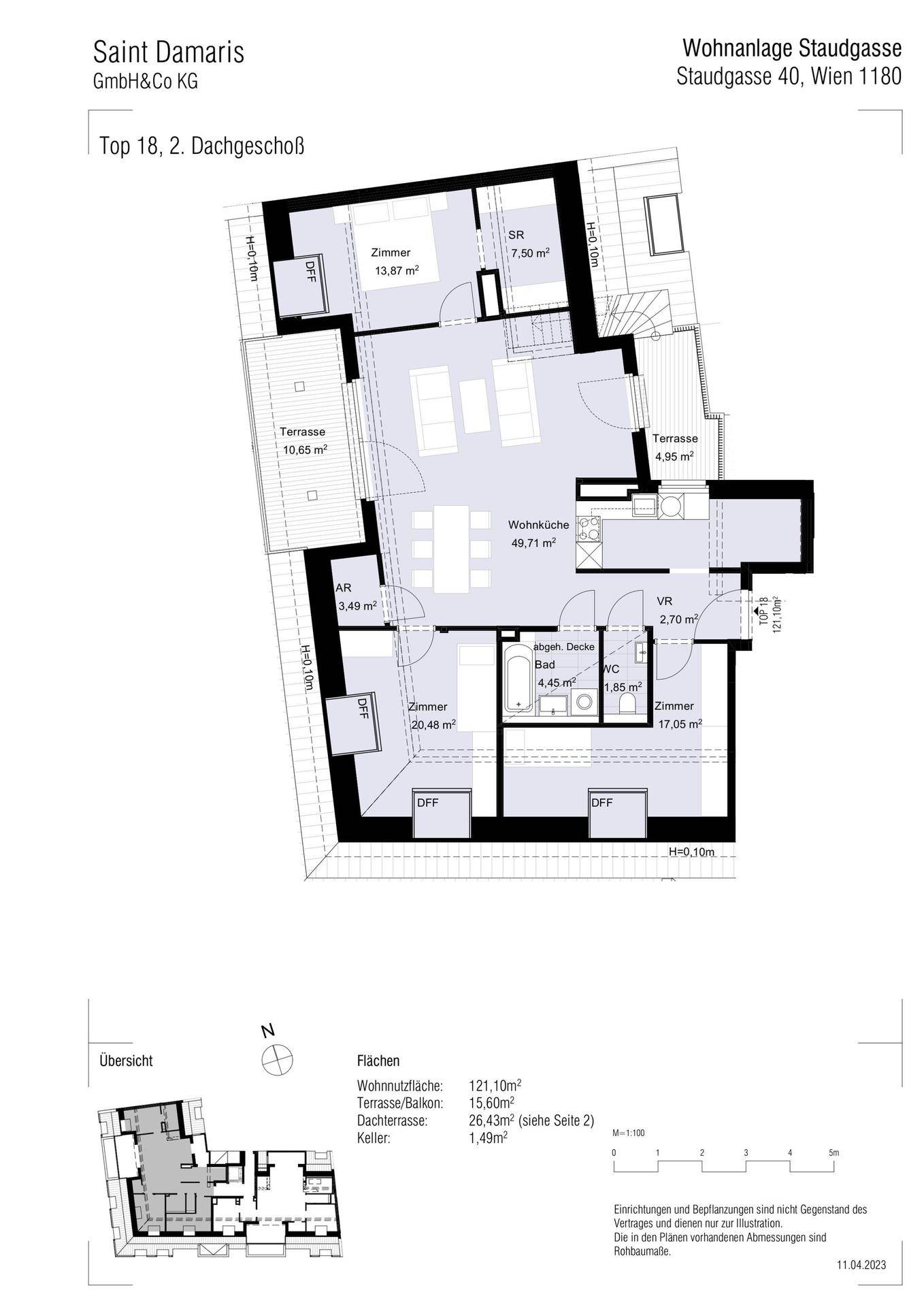 Detaillierter Grundriss einer Wohnung mit drei Zimmern, offener Wohnküche und zwei Terrassen.
