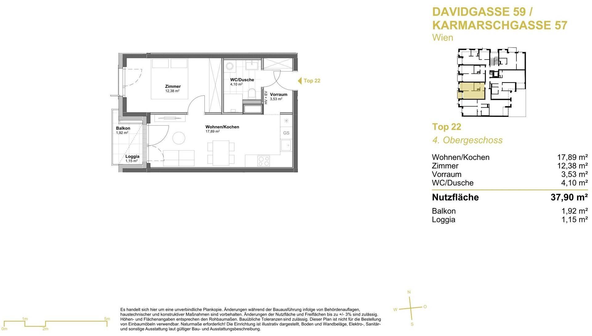Grundriss der Wohnung Top 22 im 4. Obergeschoss mit Balkon und Loggia.