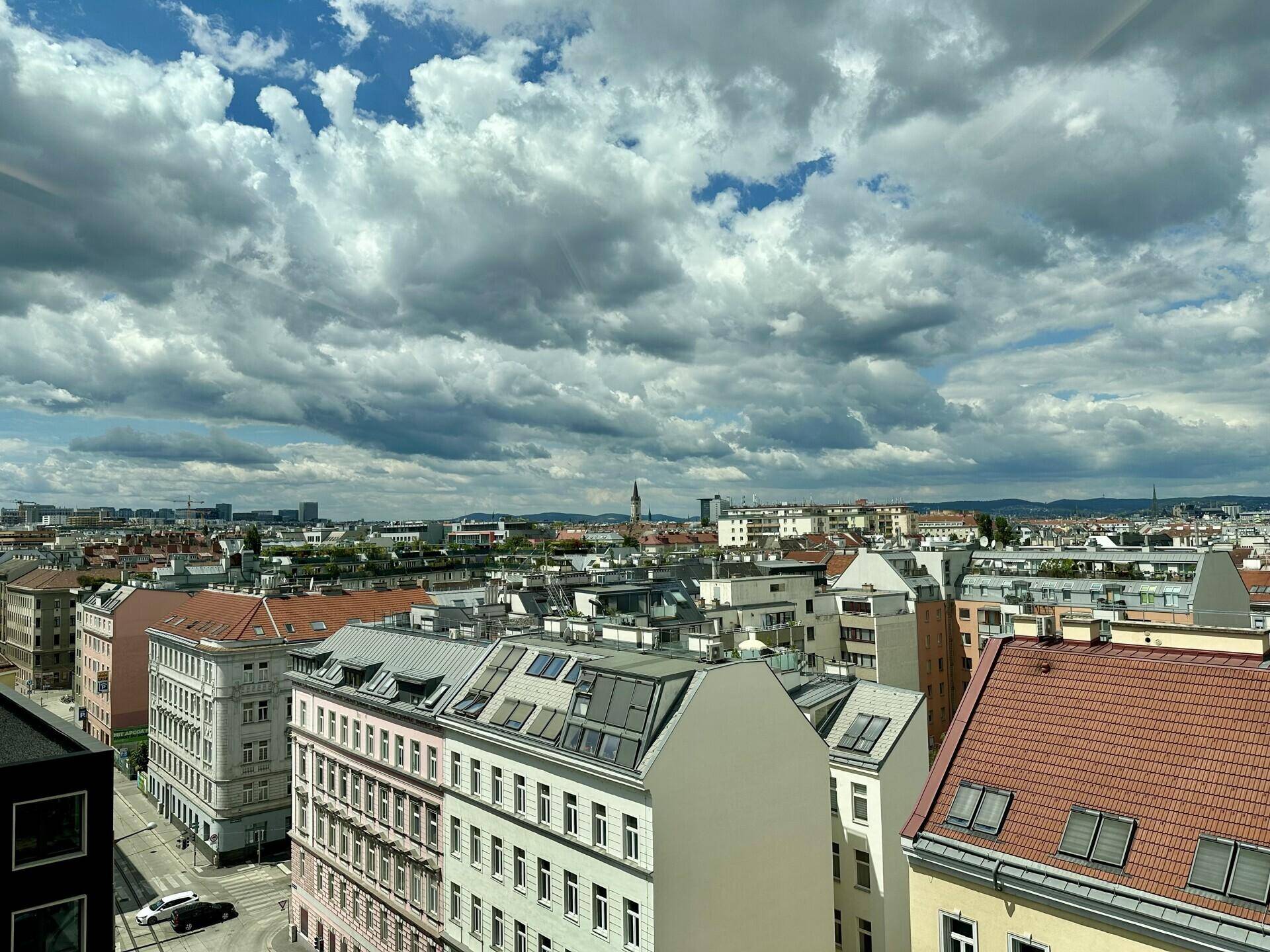 Weitläufiger Blick über die Stadt mit vielen Dächern und Gebäuden unter einem bewölkten Himmel.