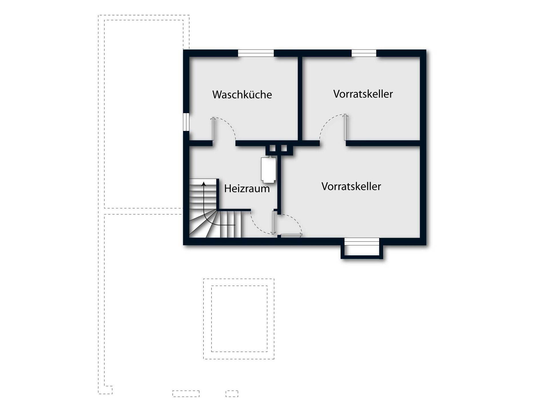 Grundriss des Untergeschosses mit Waschküche, Heizraum und zwei separaten Vorratskellern.
