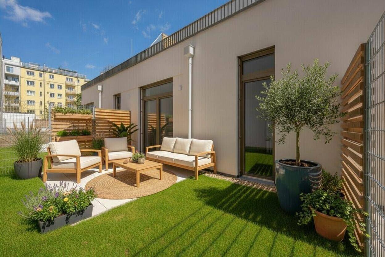 Gemütliche Terrasse mit Kunstrasen, modernen Gartenmöbeln und Pflanzen.